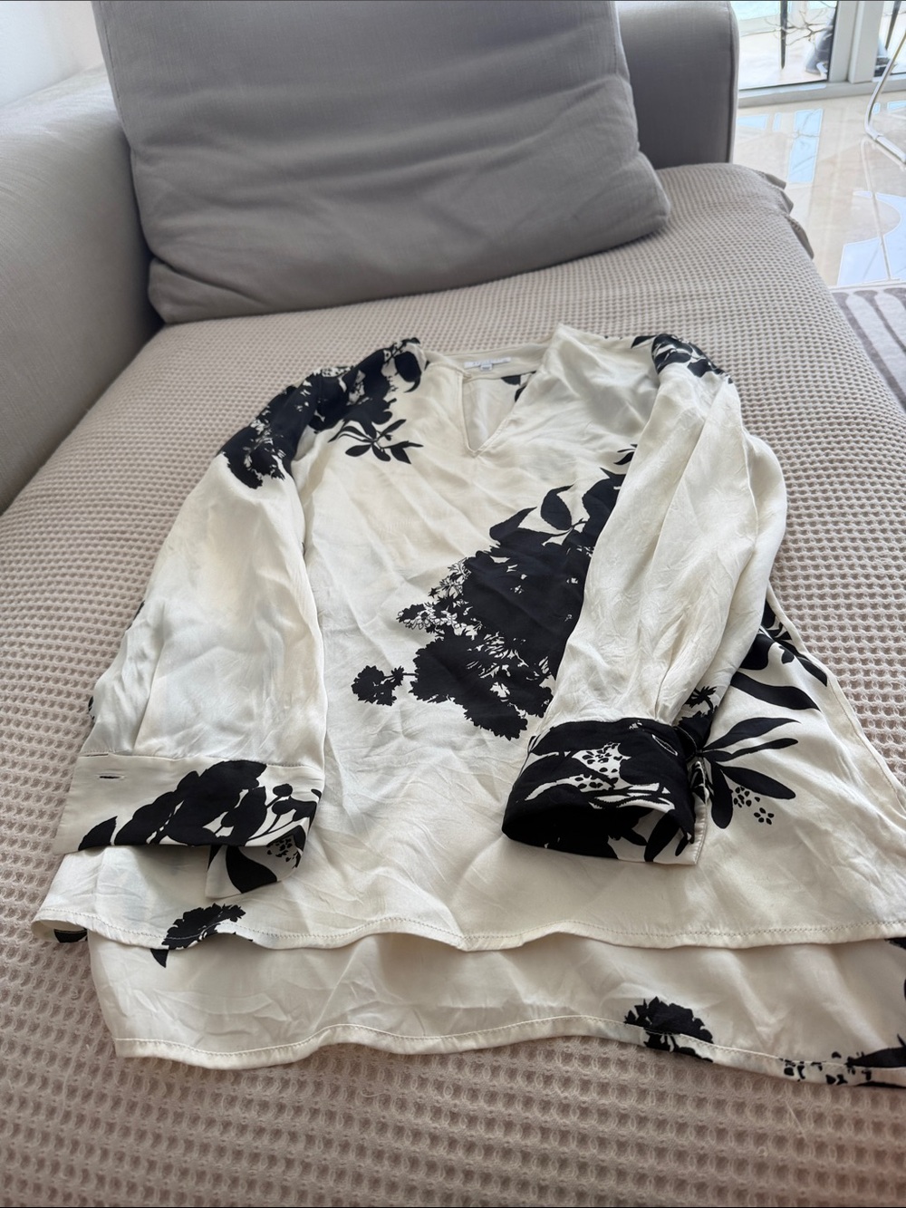 Equipment Black and White Floral V-Neck Tunic Top